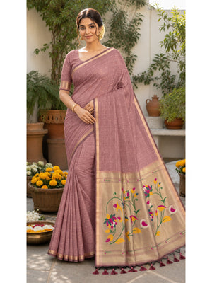 Peachmode Peach Paithani Muga Silk Zari Weave Saree - Image 1