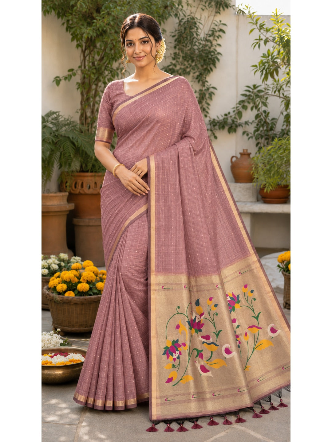 Peachmode Peach Paithani Muga Silk Zari Weave Saree - Image 2