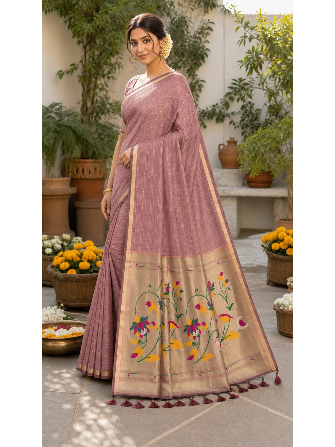 Peachmode Peach Paithani Muga Silk Zari Weave Saree - Image 3