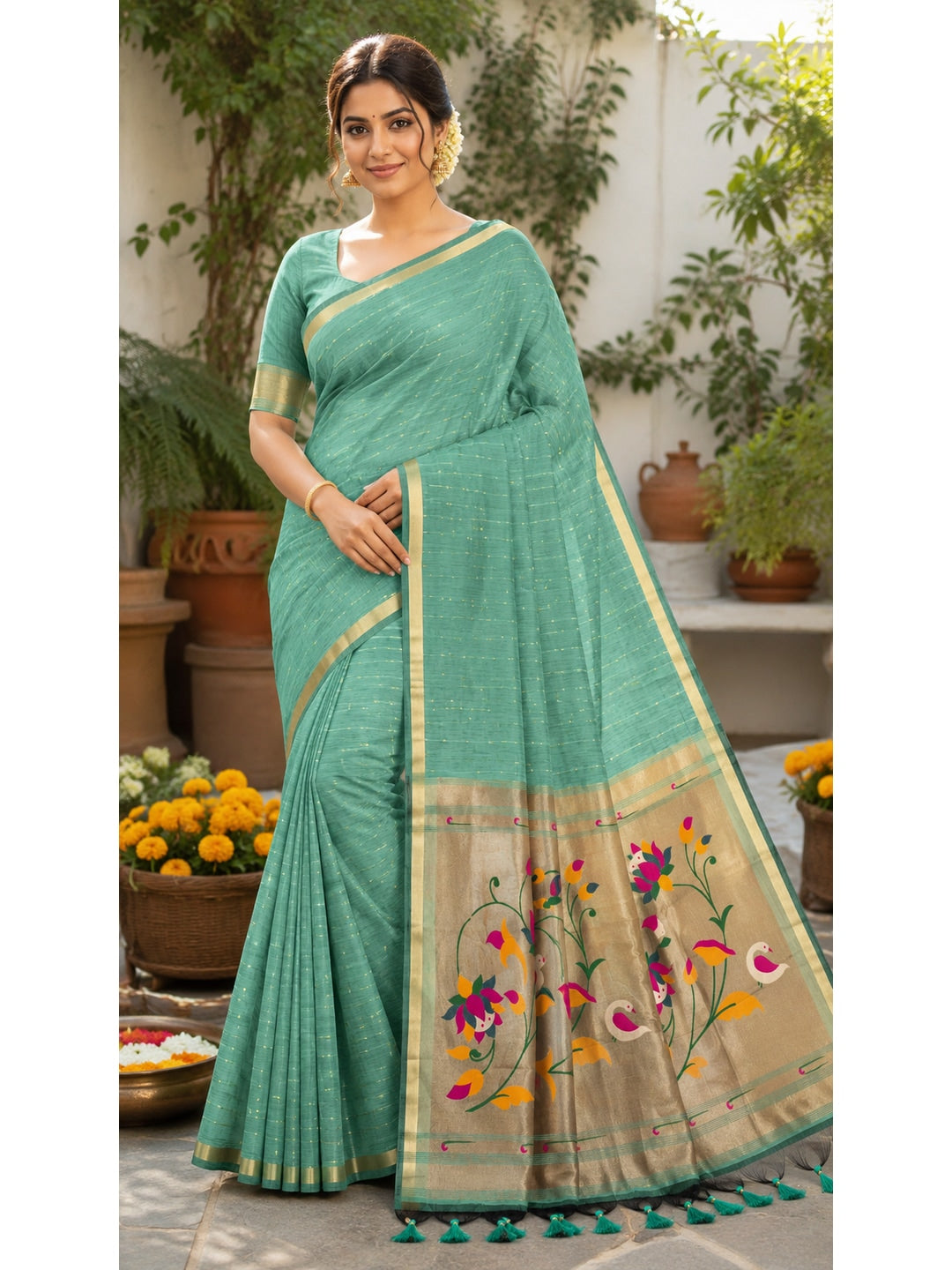 Peachmode Rama Green Paithani Muga Silk Zari Weave Saree - Image 2
