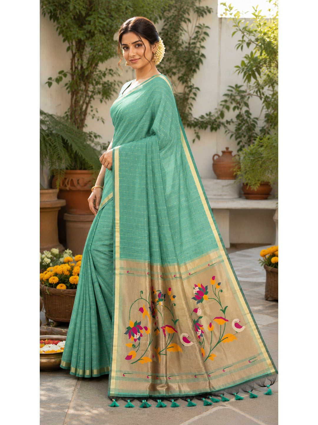 Peachmode Rama Green Paithani Muga Silk Zari Weave Saree - Image 3