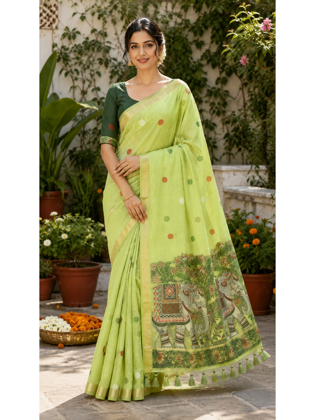 Peachmode Green Muga Silk Meenakari Weave Saree - Image 2
