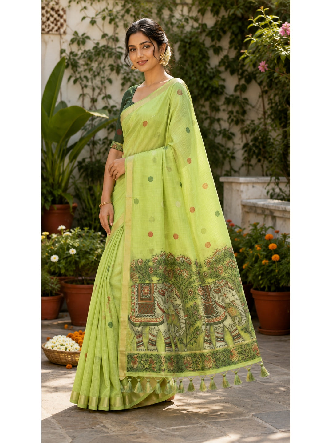 Peachmode Green Muga Silk Meenakari Weave Saree - Image 3
