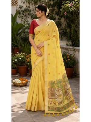 Peachmode Yellow Muga Silk Meenakari Weave Saree - Image 1