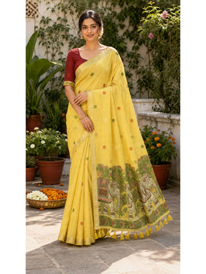 Peachmode Yellow Muga Silk Meenakari Weave Saree - Image 2