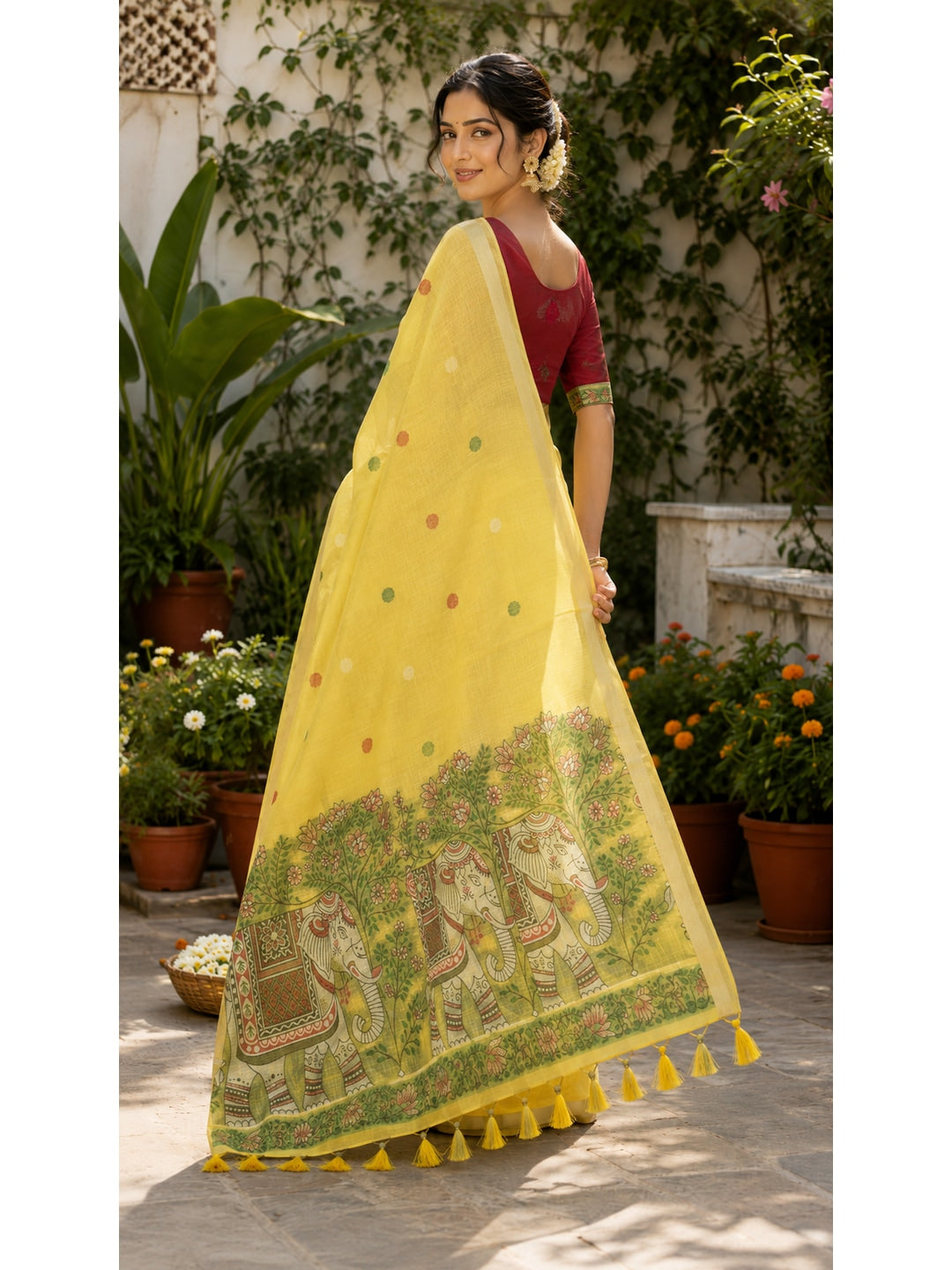 Peachmode Yellow Muga Silk Meenakari Weave Saree - Image 4