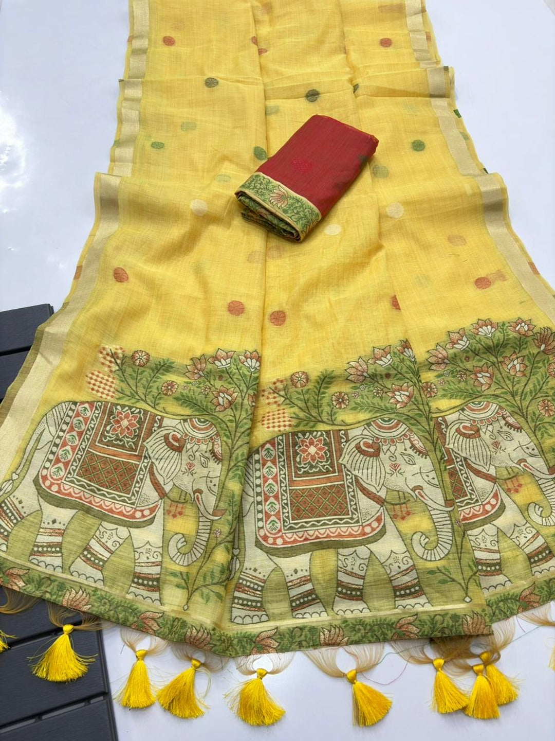 Peachmode Yellow Muga Silk Meenakari Weave Saree - Image 5