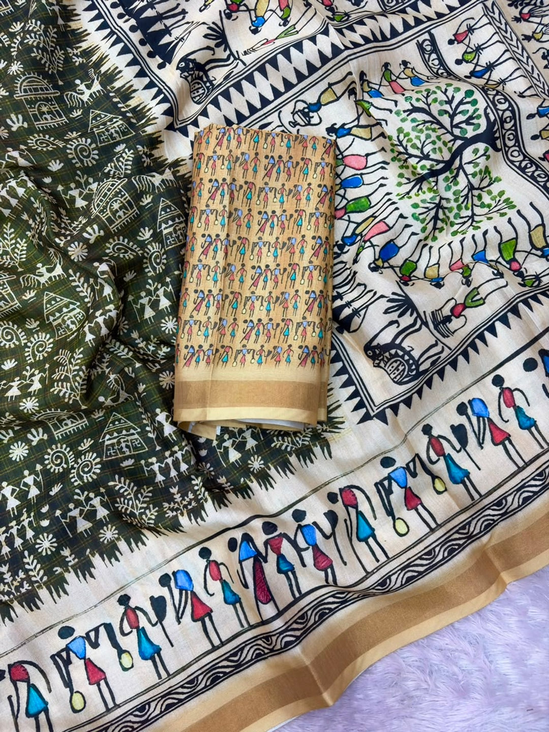 Peachmode Mehendi Cotton Blend Warli Digital Print Saree - Image 5