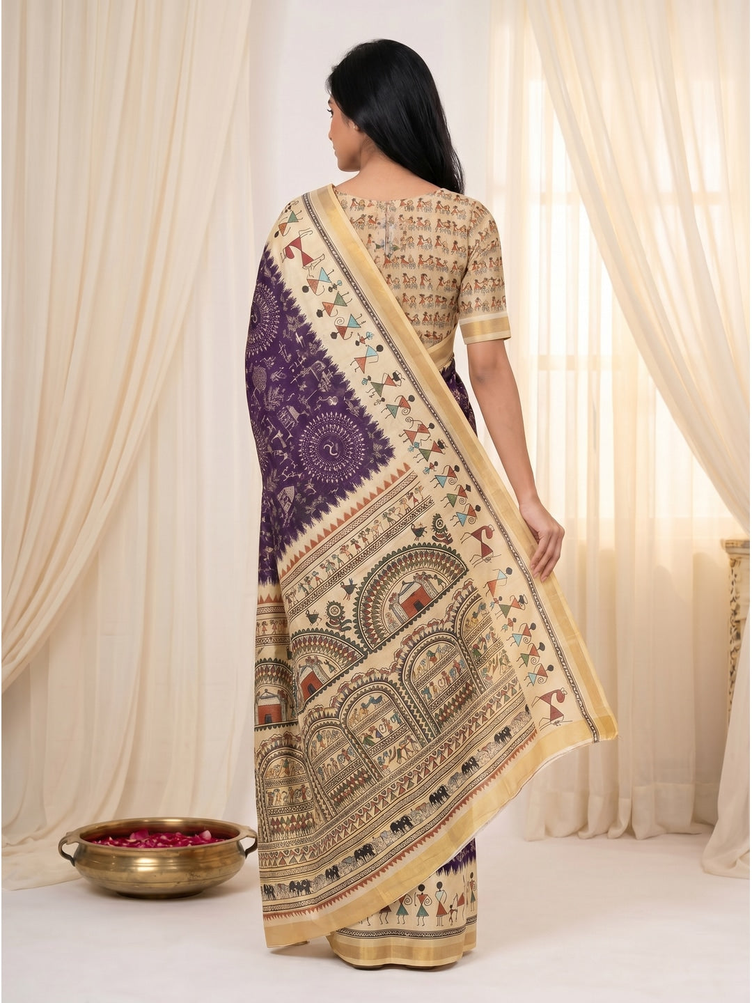 Peachmode Purple Cotton Blend Warli Digital Print Saree - Image 3