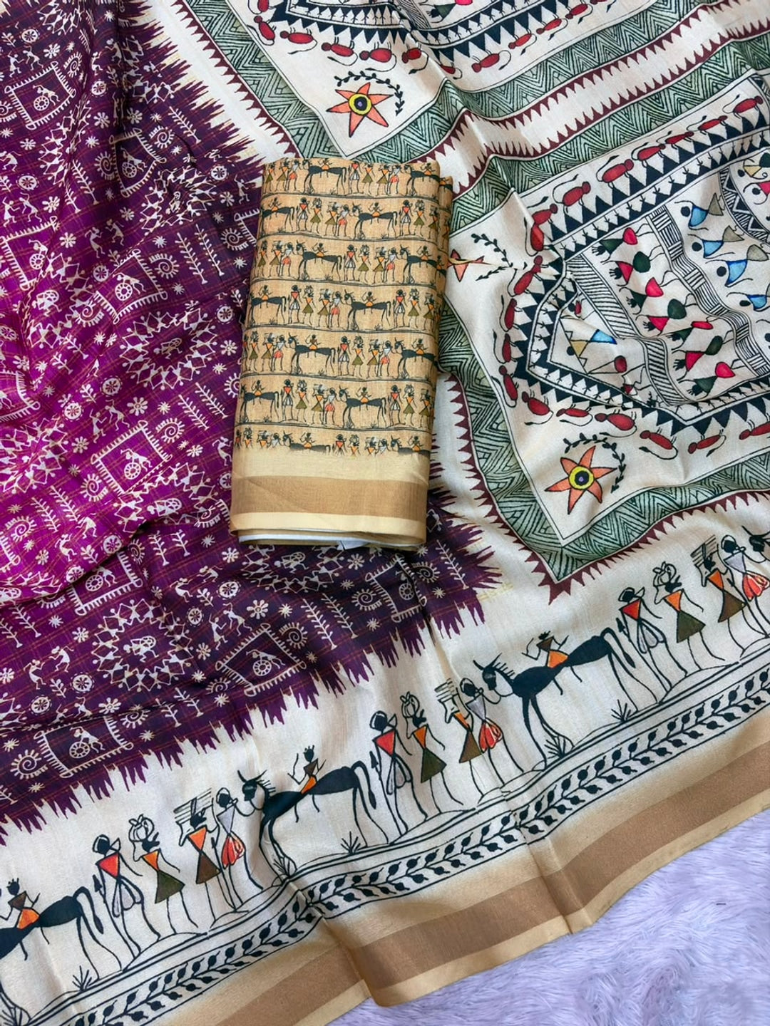 Peachmode Wine Cotton Blend Warli Digital Print Saree - Image 5