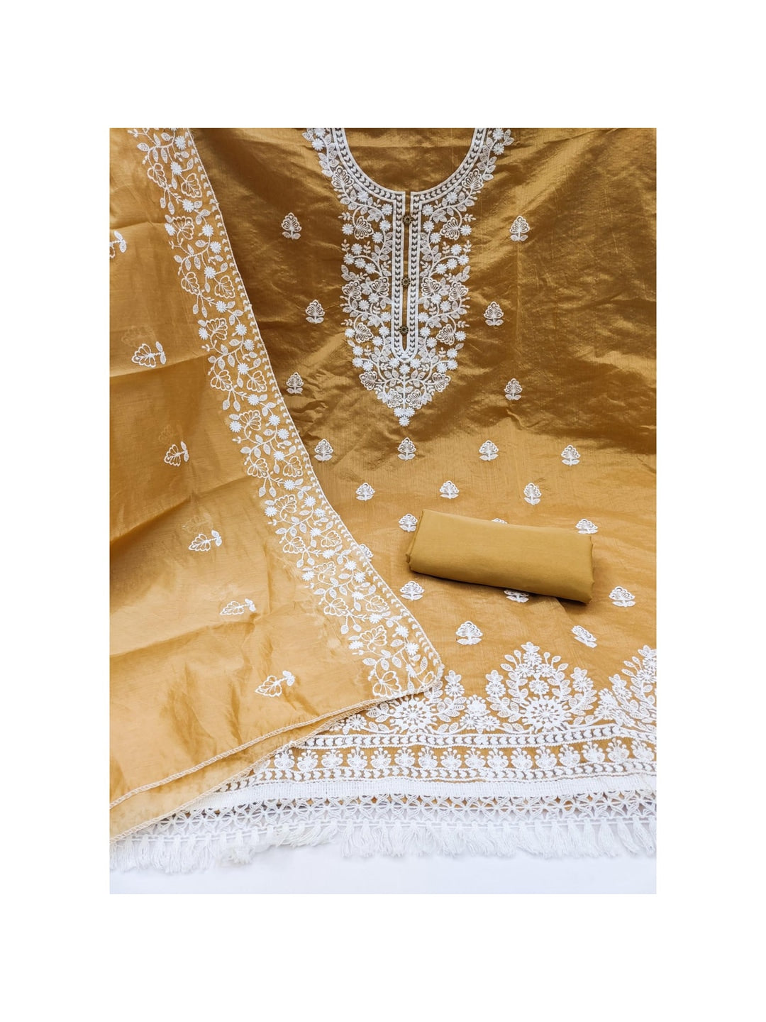 Peachmode Light Brown Floral Embroidered Chanderi Cotton Dress Material - Image 3