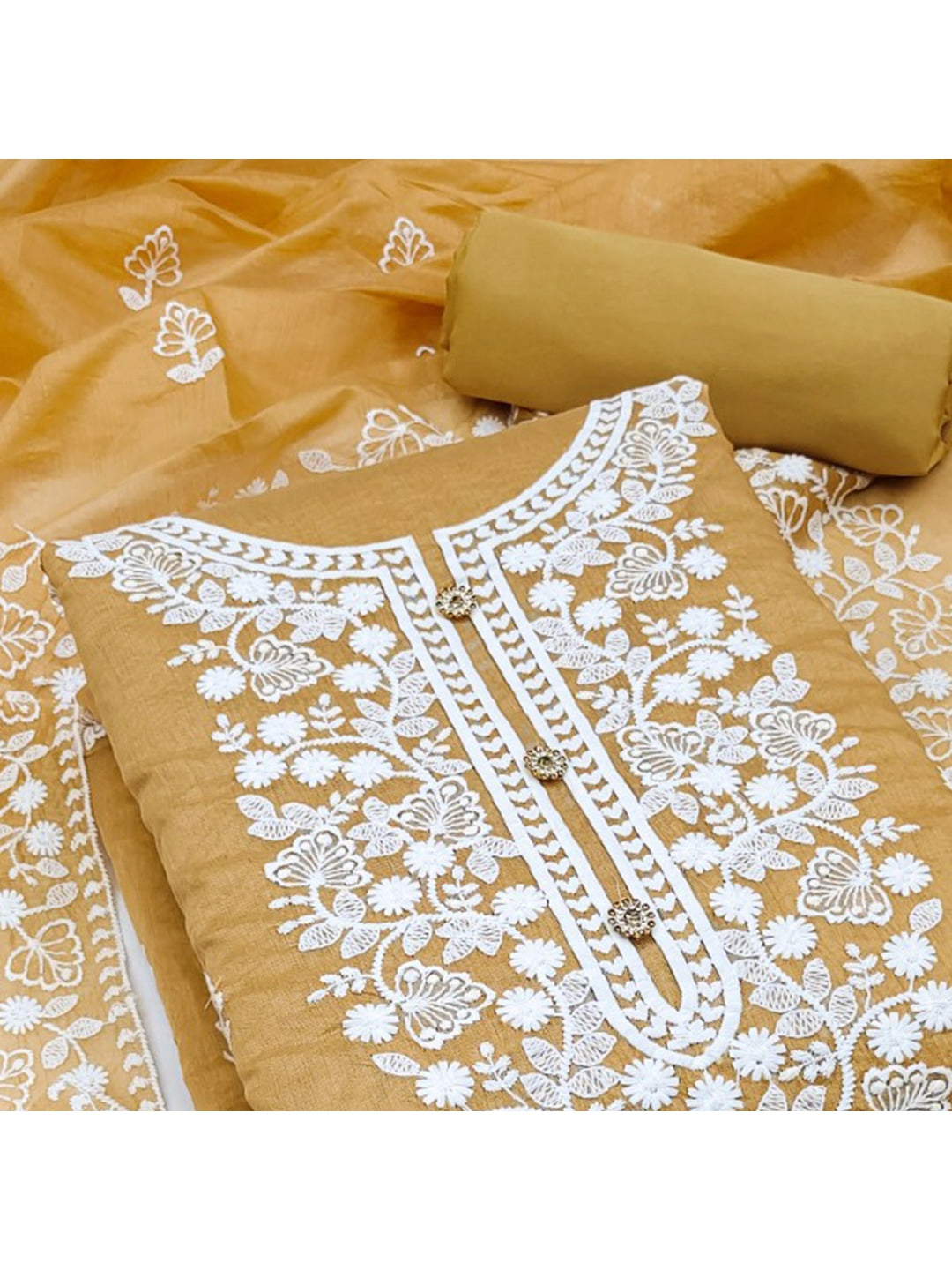 Peachmode Light Brown Floral Embroidered Chanderi Cotton Dress Material - Image 4