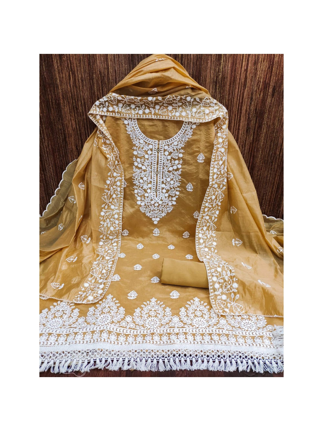 Peachmode Light Brown Floral Embroidered Chanderi Cotton Dress Material - Image 5
