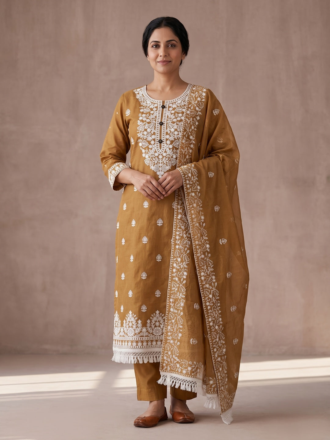 Peachmode Light Brown Floral Embroidered Chanderi Cotton Dress Material - Image 2