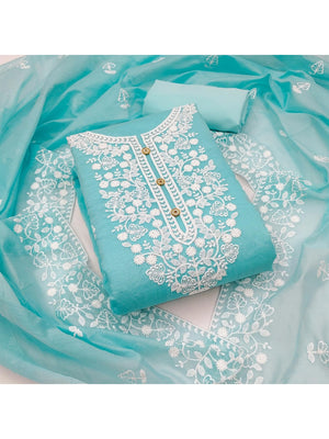 Peachmode Sky Blue Floral Embroidered Chanderi Cotton Dress Material - Image 2