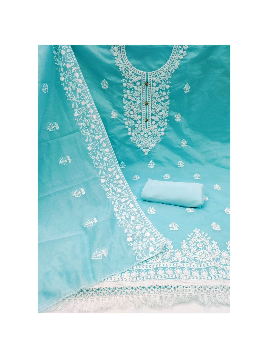 Peachmode Sky Blue Floral Embroidered Chanderi Cotton Dress Material - Image 4