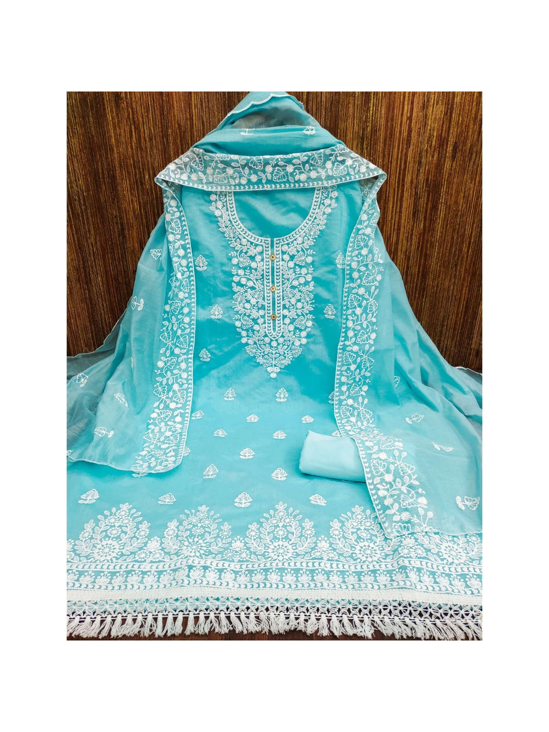 Peachmode Sky Blue Floral Embroidered Chanderi Cotton Dress Material - Image 5