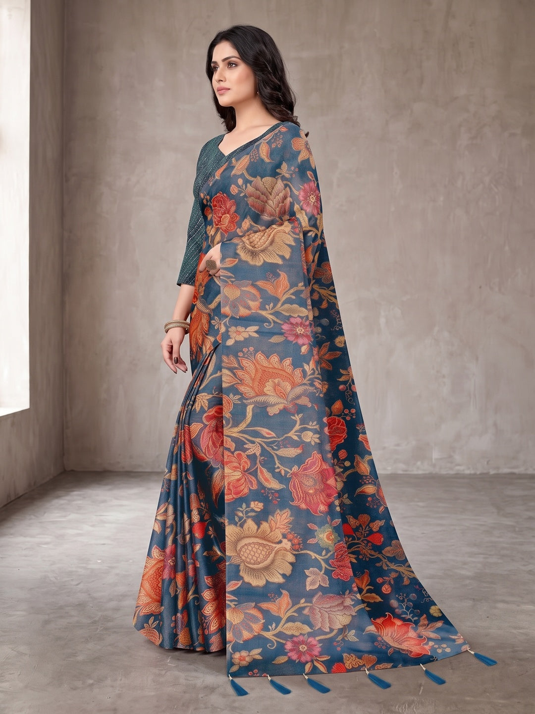 Peachmode Teal Digital Printed Tissue Cotton Saree - Image 4