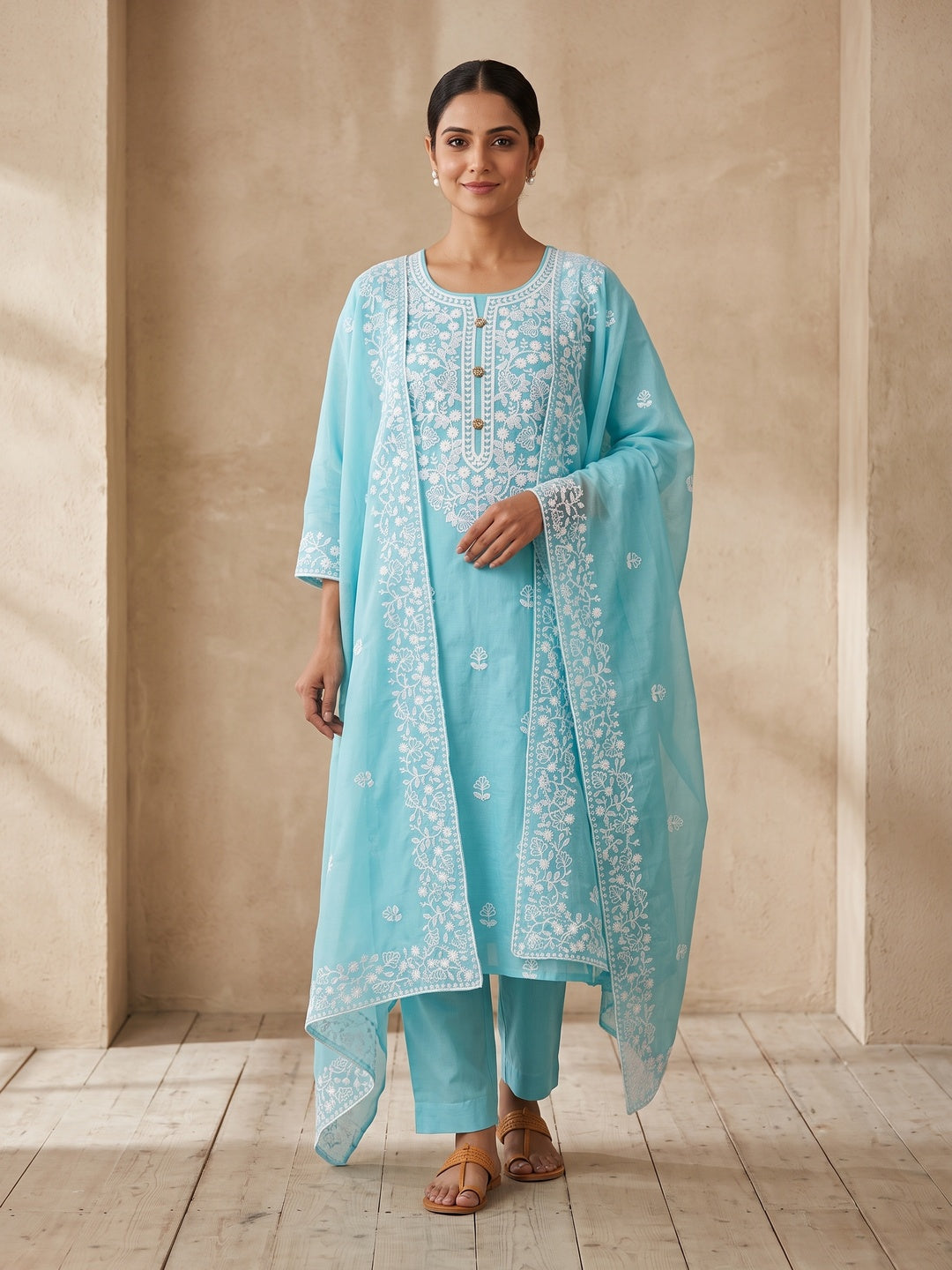 Peachmode Sky Blue Floral Embroidered Chanderi Cotton Dress Material - Image 2
