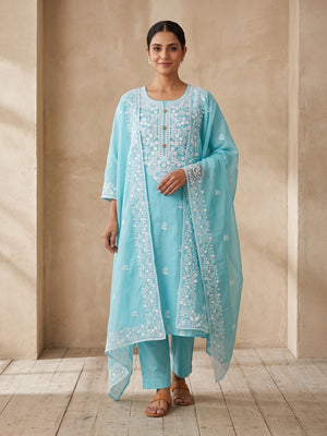 Peachmode Sky Blue Floral Embroidered Chanderi Cotton Dress Material - Image 1