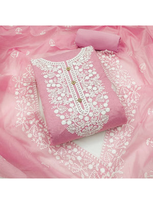Peachmode Baby Pink Floral Embroidered Chanderi Cotton Dress Material - Image 1