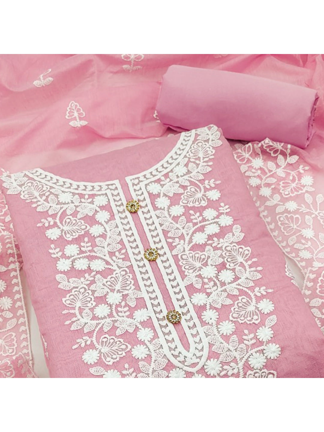 Peachmode Baby Pink Floral Embroidered Chanderi Cotton Dress Material - Image 3