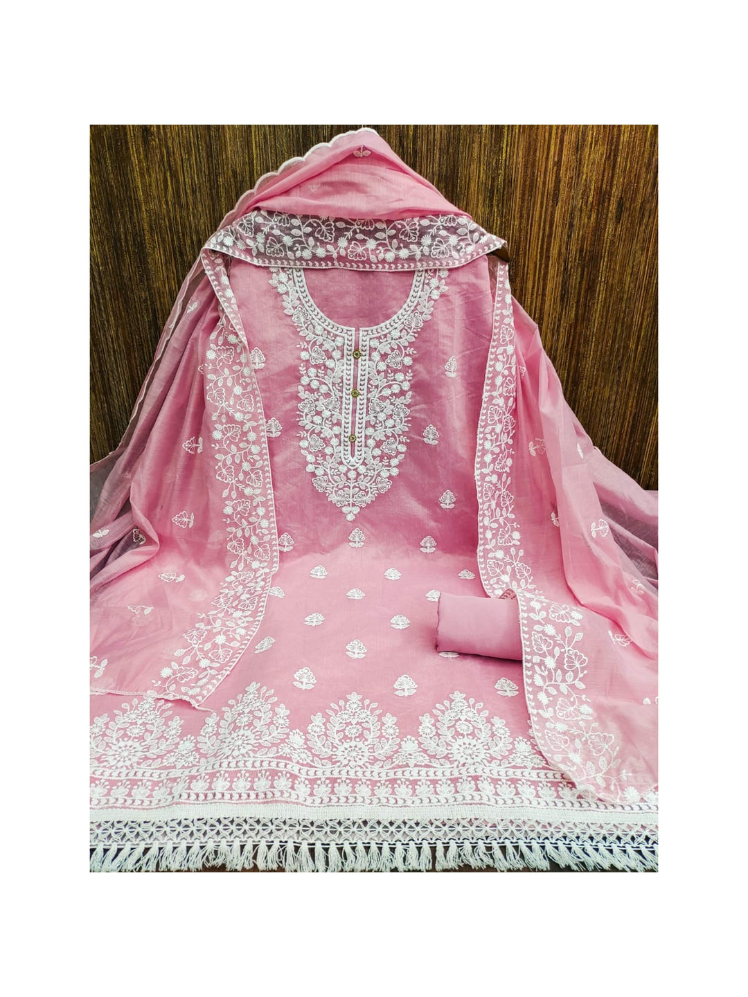 Peachmode Baby Pink Floral Embroidered Chanderi Cotton Dress Material - Image 4