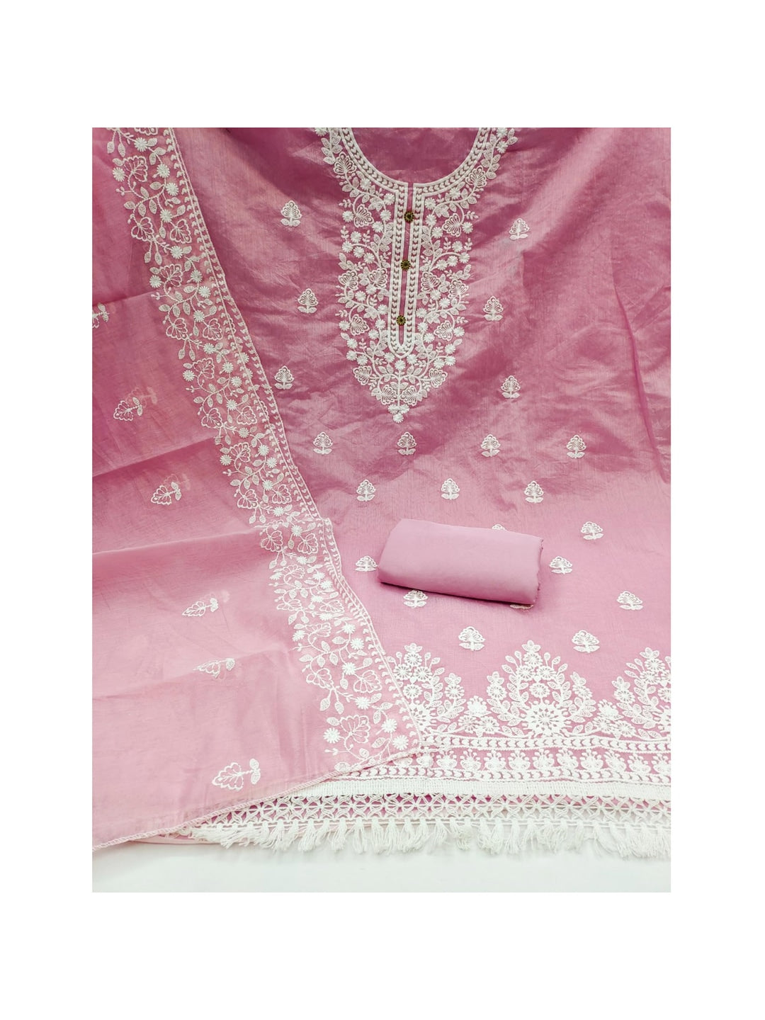 Peachmode Baby Pink Floral Embroidered Chanderi Cotton Dress Material - Image 5
