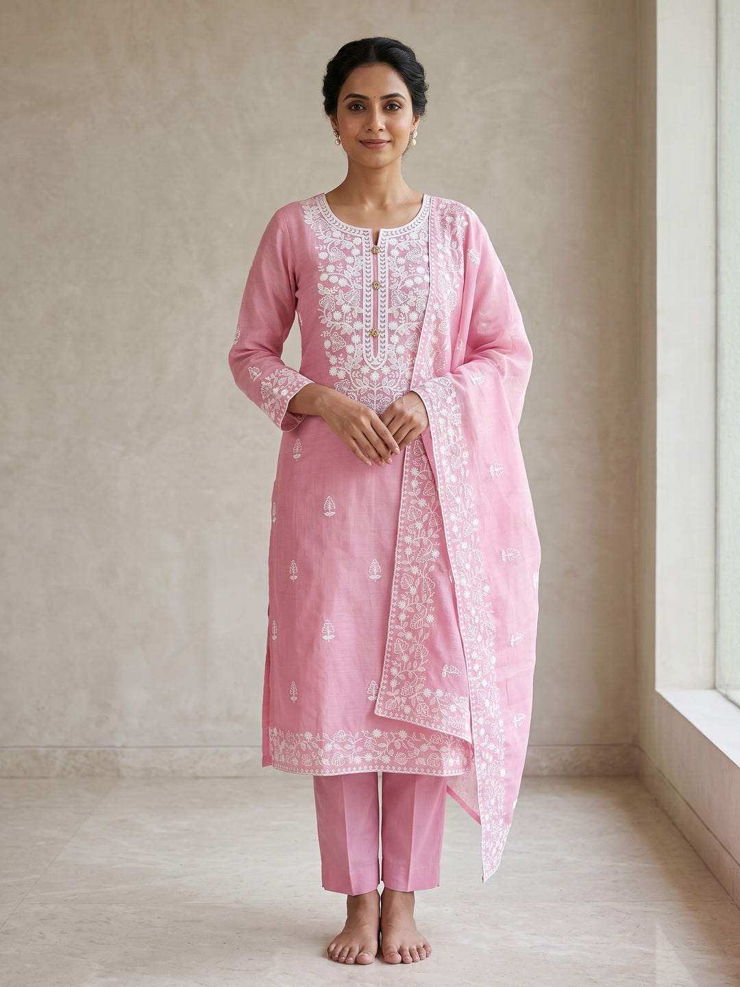 Peachmode Baby Pink Floral Embroidered Chanderi Cotton Dress Material - Image 2