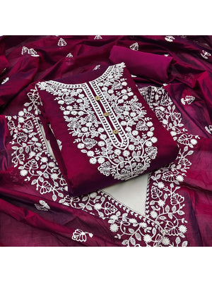 Peachmode Wine Floral Embroidered Chanderi Cotton Dress Material - Image 1