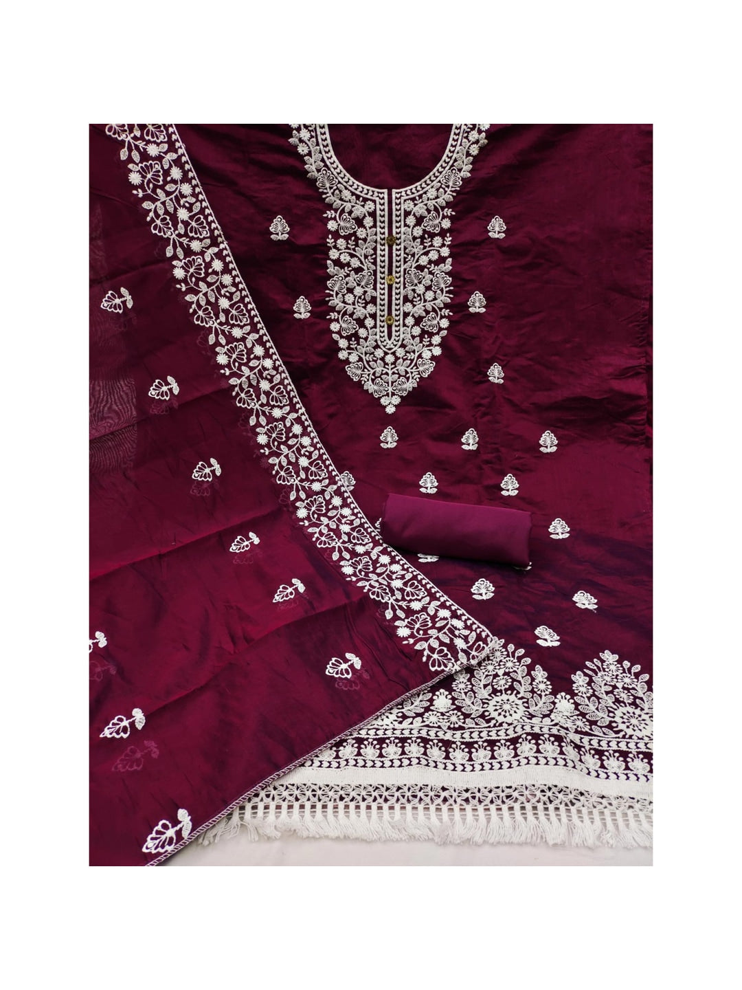 Peachmode Wine Floral Embroidered Chanderi Cotton Dress Material - Image 3