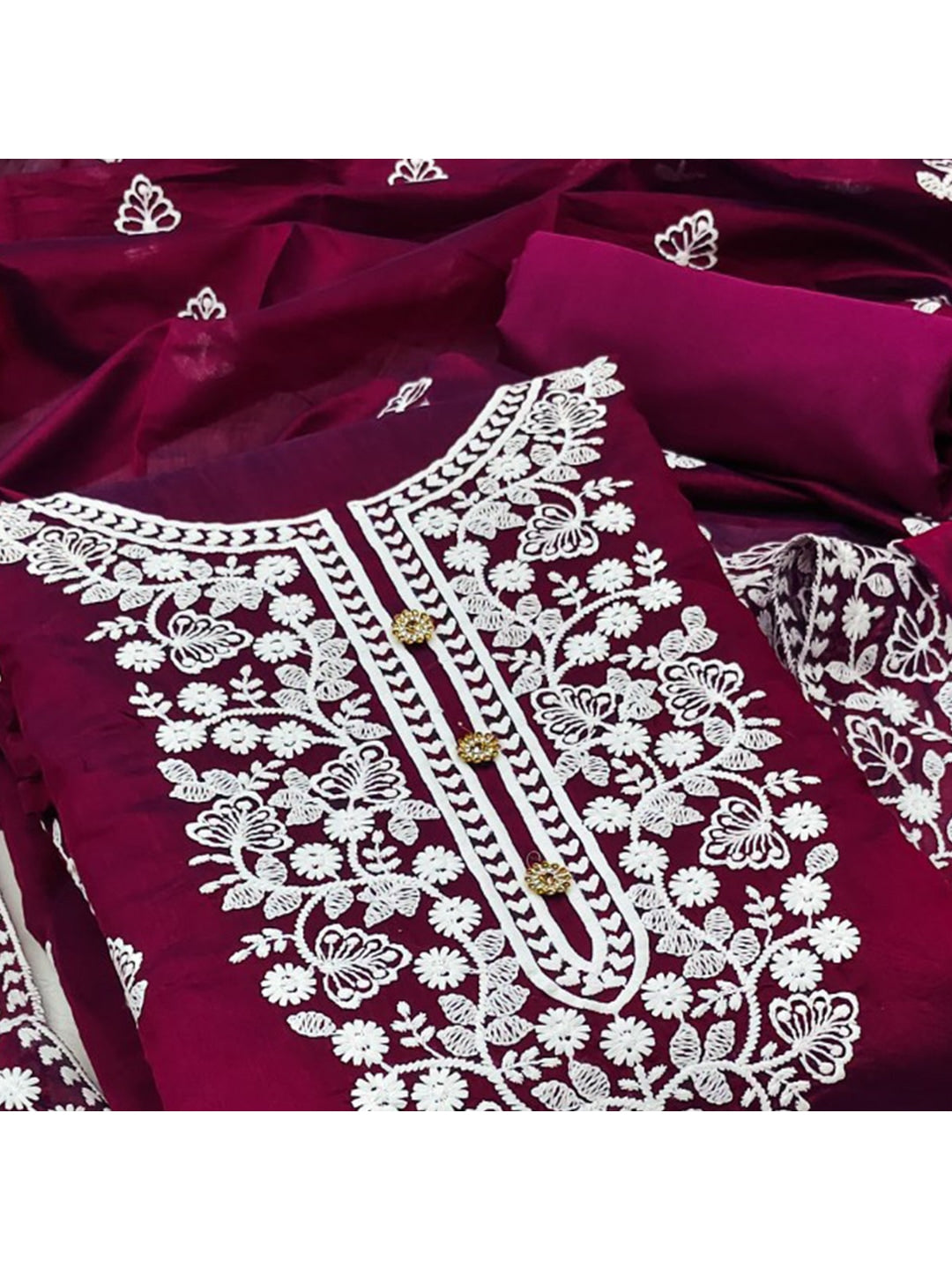 Peachmode Wine Floral Embroidered Chanderi Cotton Dress Material - Image 4