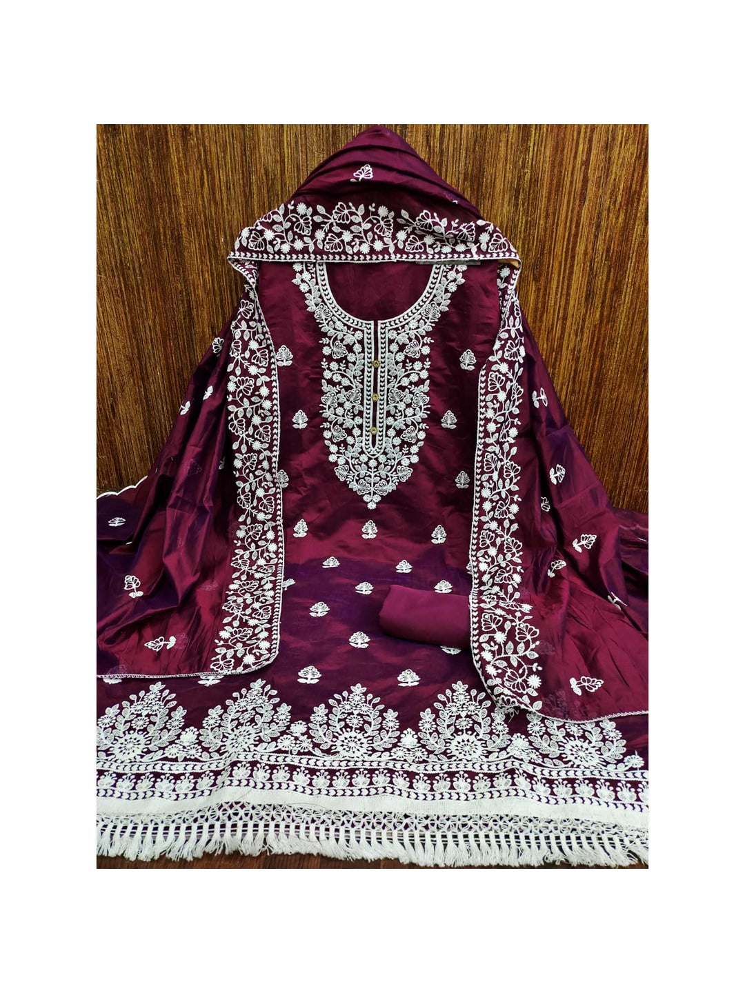 Peachmode Wine Floral Embroidered Chanderi Cotton Dress Material - Image 5