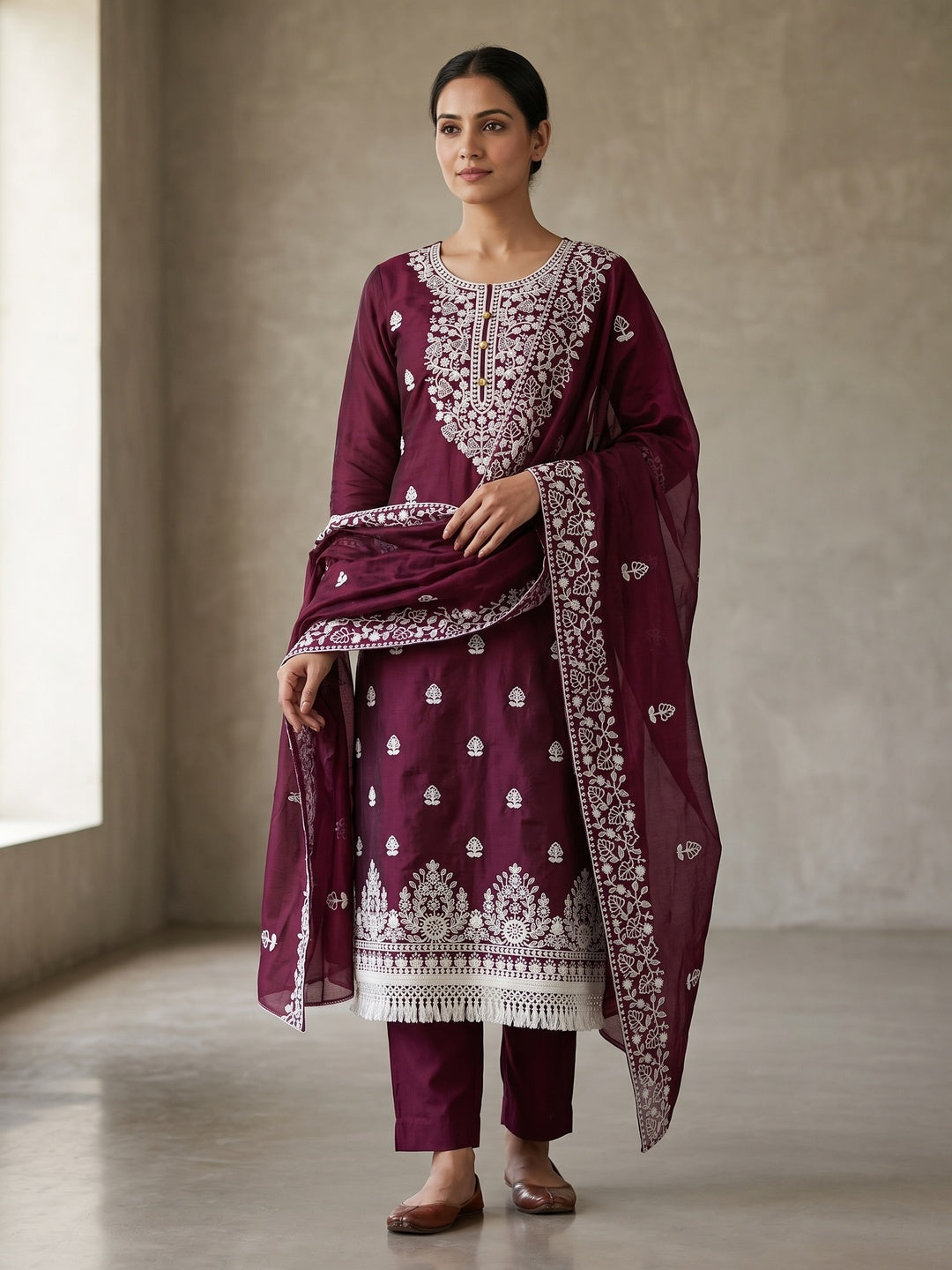 Peachmode Wine Floral Embroidered Chanderi Cotton Dress Material - Image 2