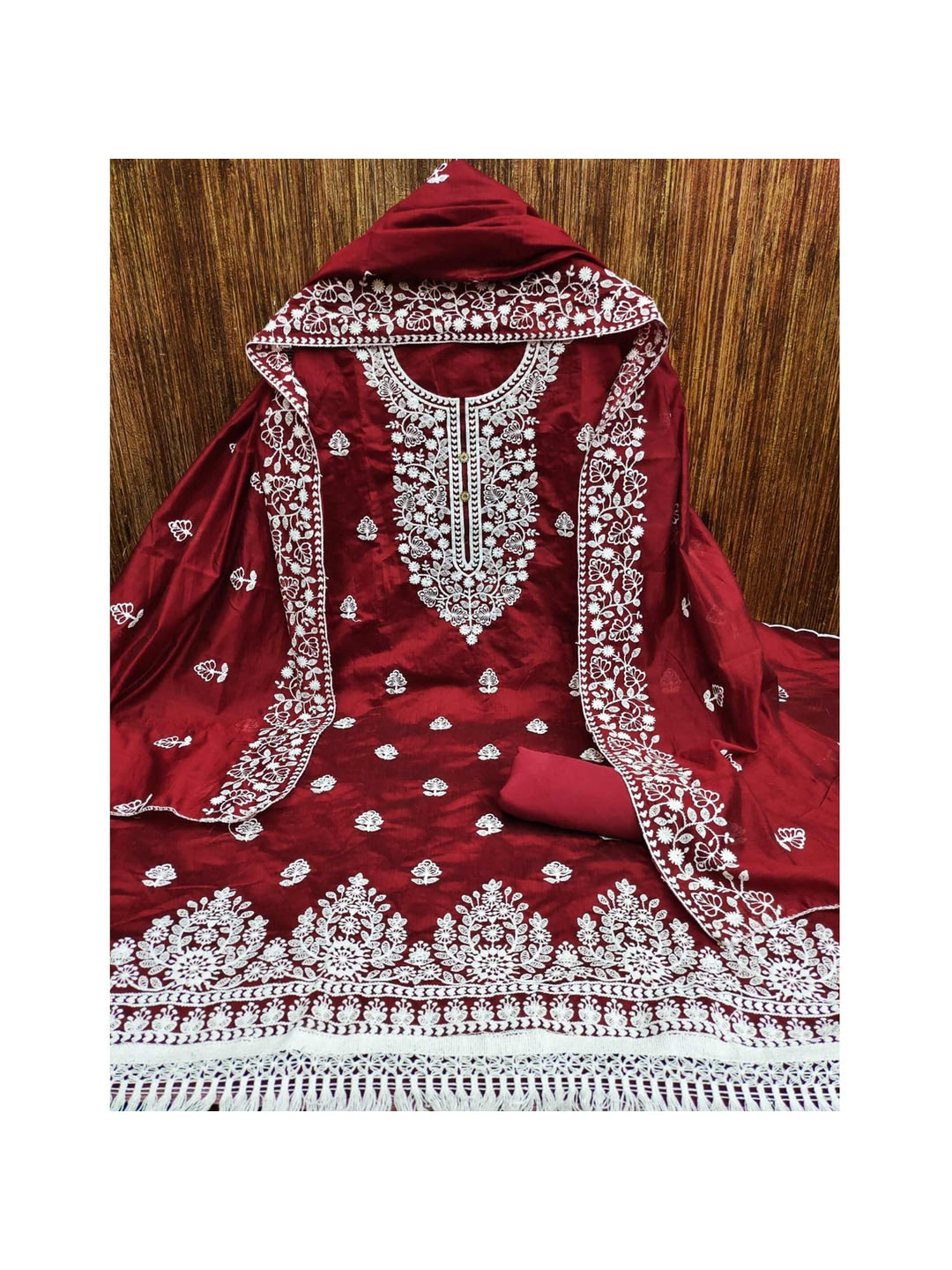 Peachmode Maroon Floral Embroidered Chanderi Cotton Dress Material - Image 3
