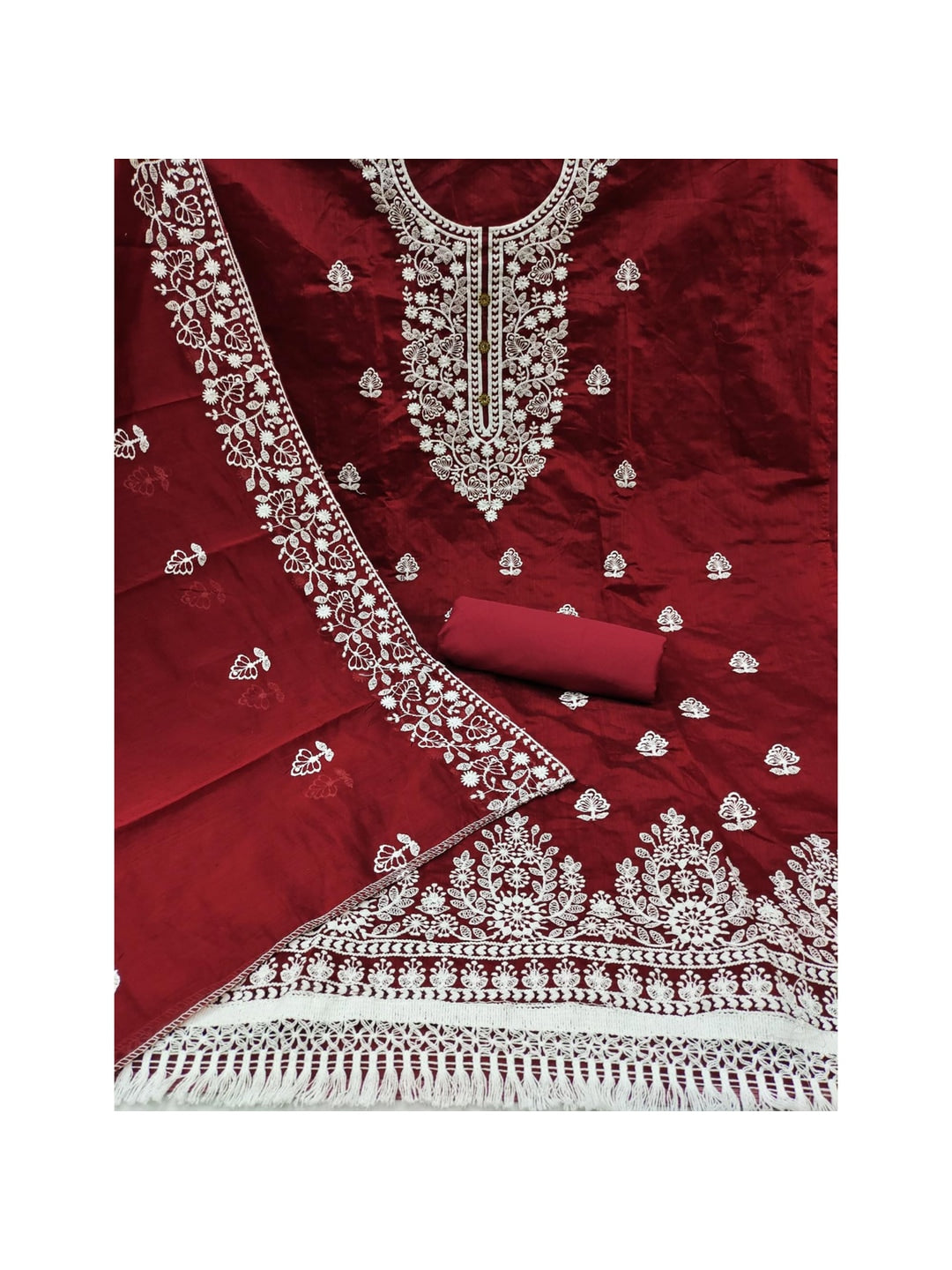 Peachmode Maroon Floral Embroidered Chanderi Cotton Dress Material - Image 5