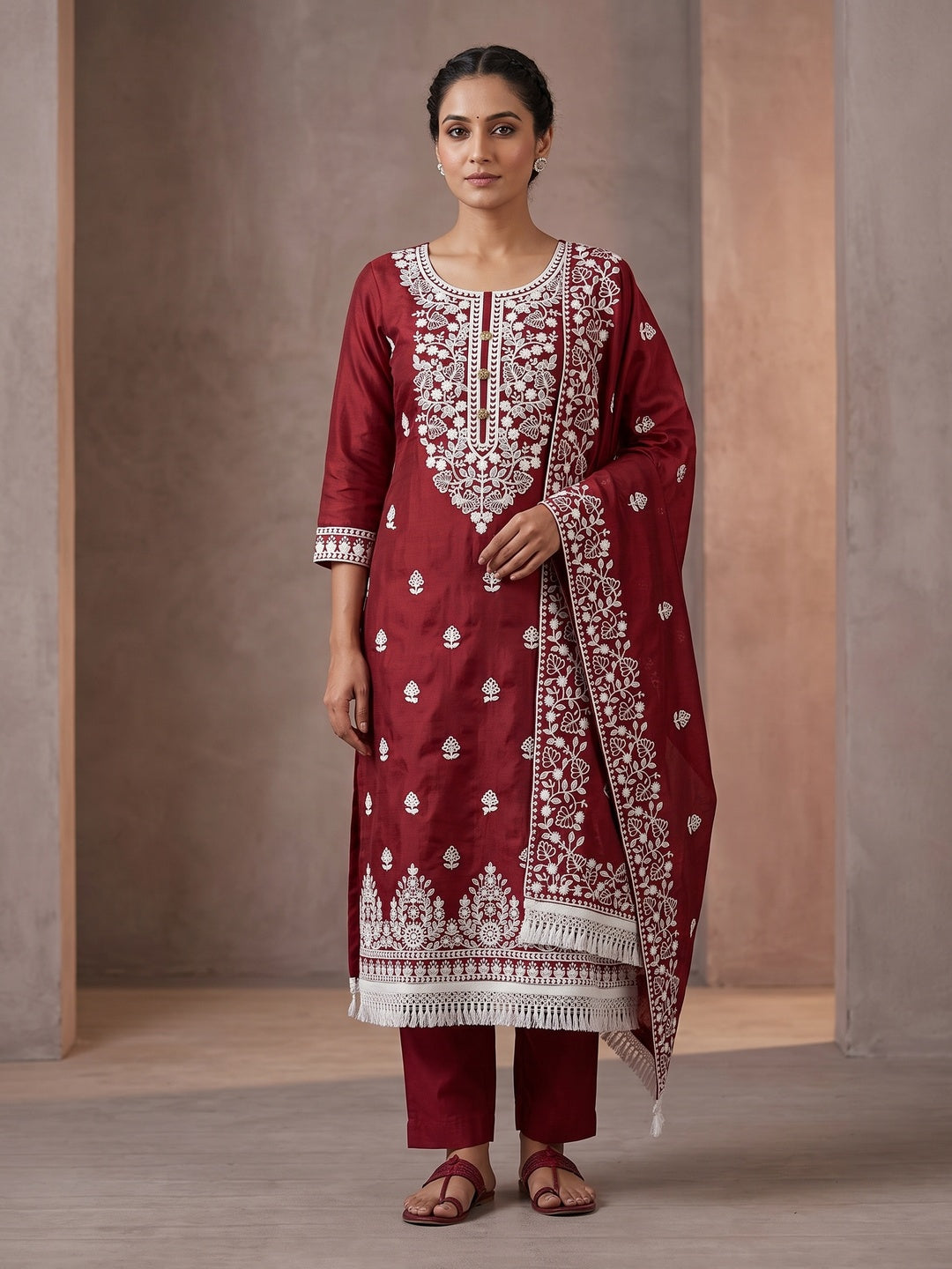 Peachmode Maroon Floral Embroidered Chanderi Cotton Dress Material - Image 1