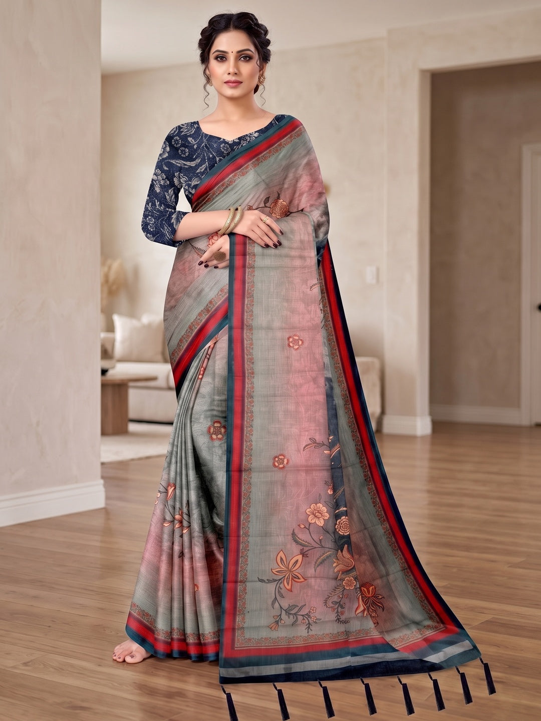Peachmode Grey Digital Printed Tissue Cotton Saree - Image 2