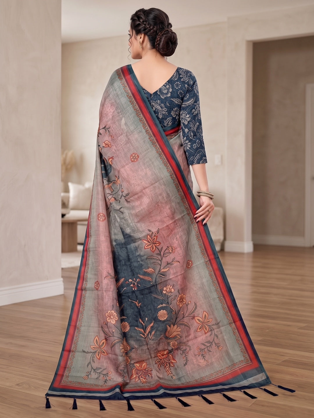 Peachmode Grey Digital Printed Tissue Cotton Saree - Image 3