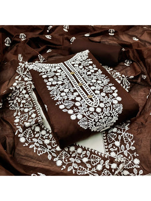 Peachmode Brown Floral Embroidered Chanderi Cotton Dress Material - Image 1