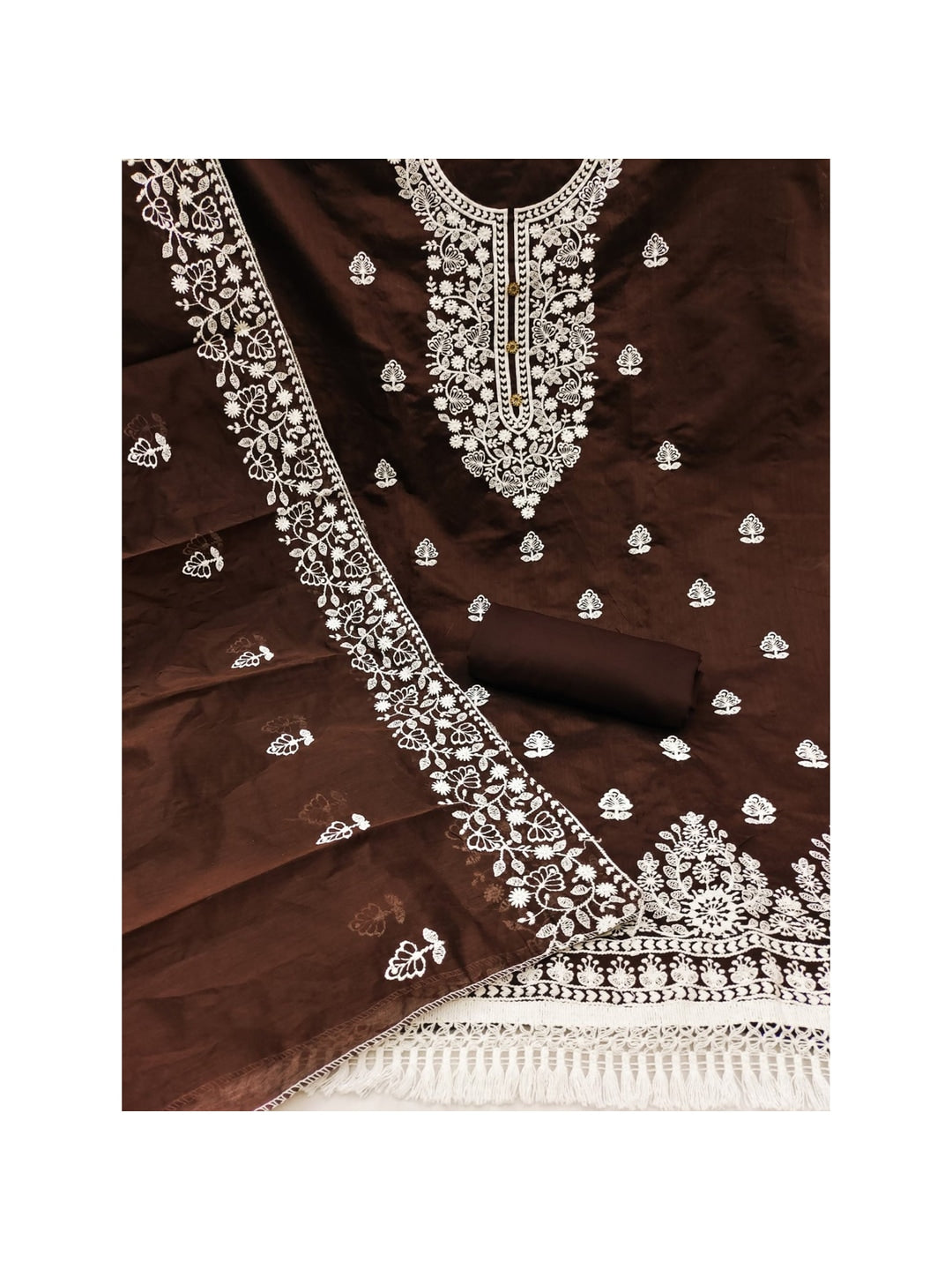 Peachmode Brown Floral Embroidered Chanderi Cotton Dress Material - Image 3