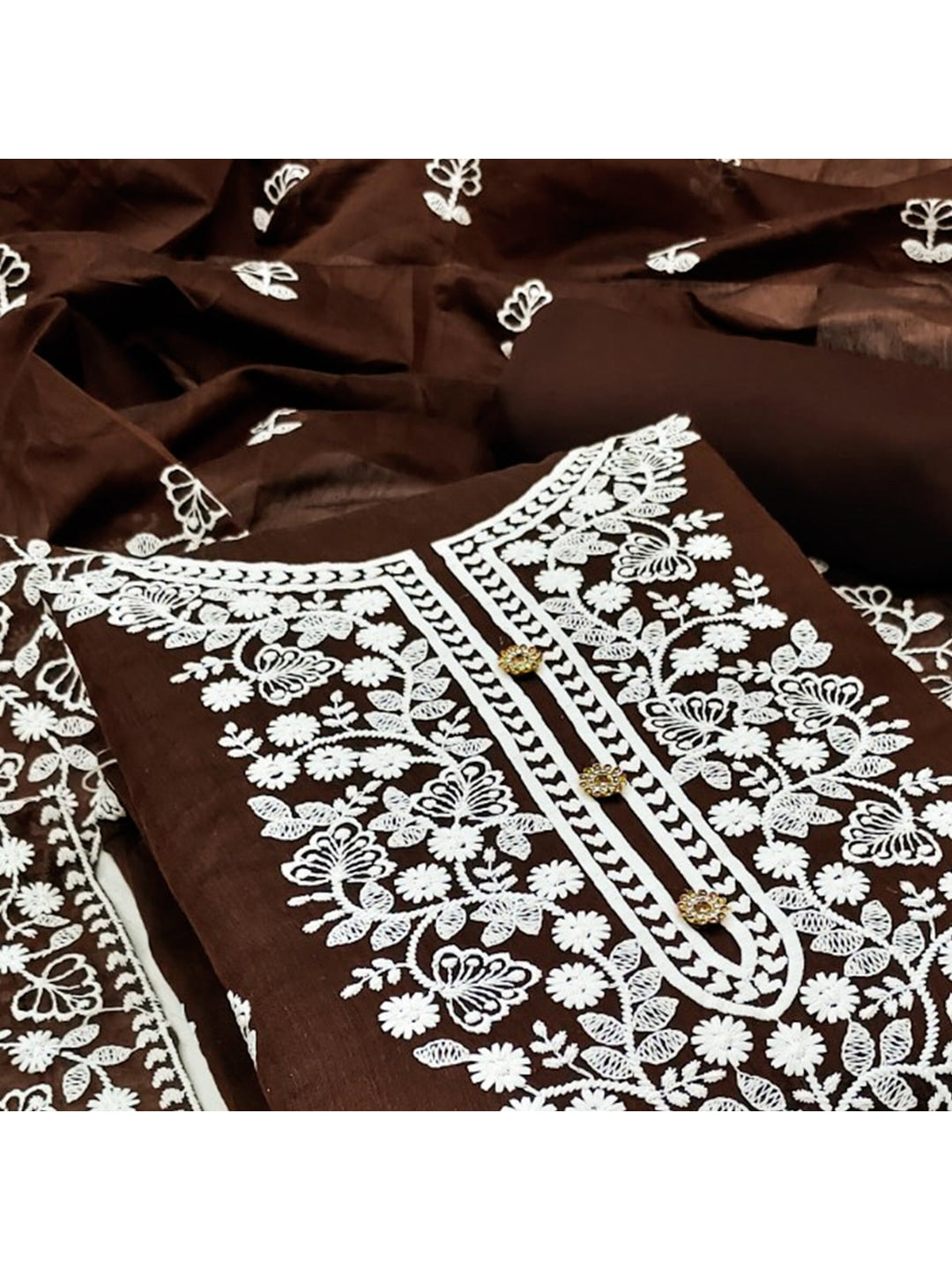 Peachmode Brown Floral Embroidered Chanderi Cotton Dress Material - Image 4