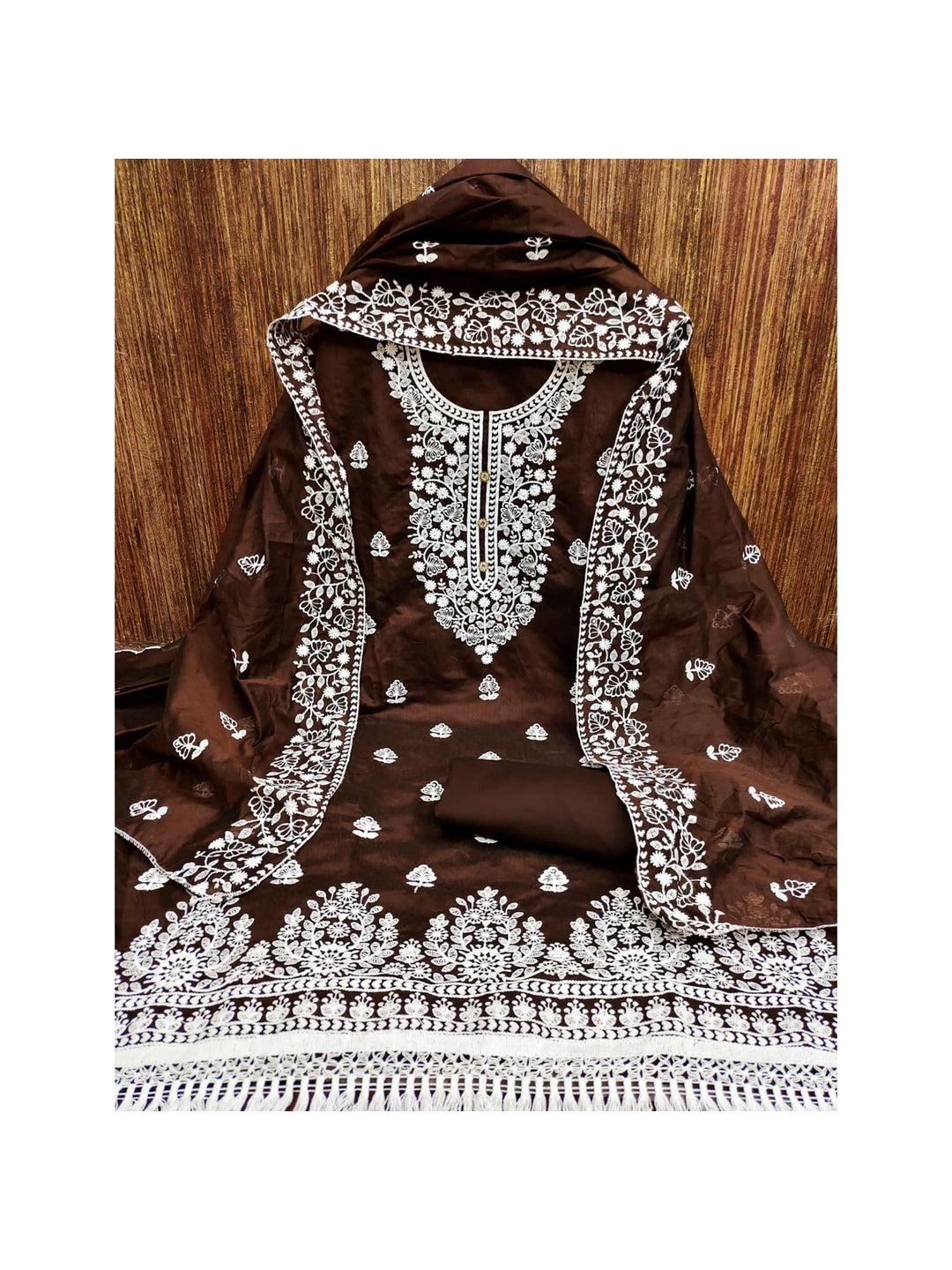 Peachmode Brown Floral Embroidered Chanderi Cotton Dress Material - Image 5