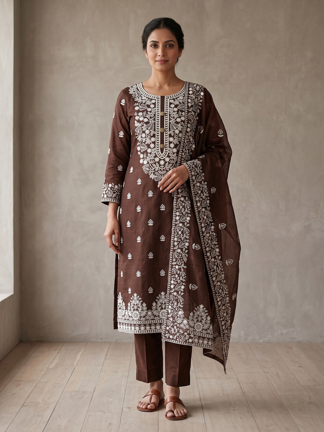 Peachmode Brown Floral Embroidered Chanderi Cotton Dress Material - Image 2