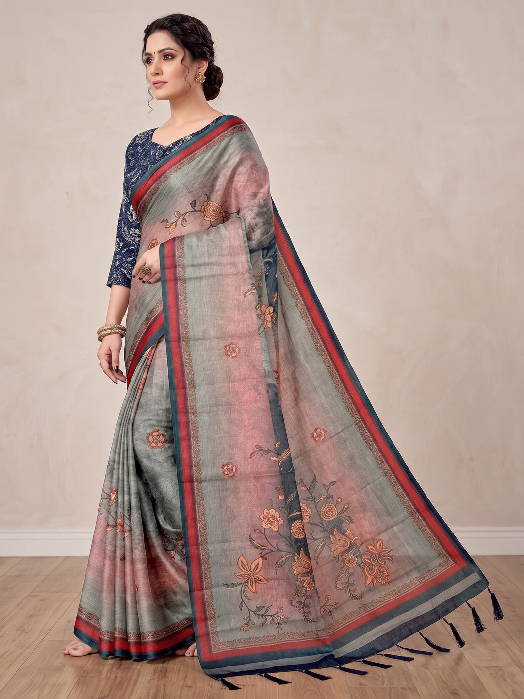 Peachmode Grey Digital Printed Tissue Cotton Saree - Image 5