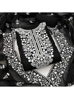 Peachmode Black Floral Embroidered Chanderi Cotton Dress Material - Image 1