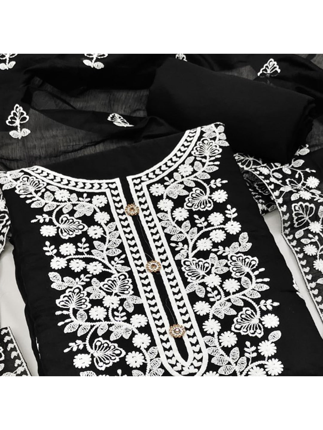 Peachmode Black Floral Embroidered Chanderi Cotton Dress Material - Image 3