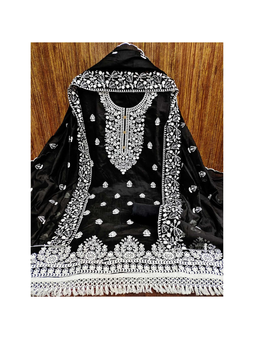 Peachmode Black Floral Embroidered Chanderi Cotton Dress Material - Image 4
