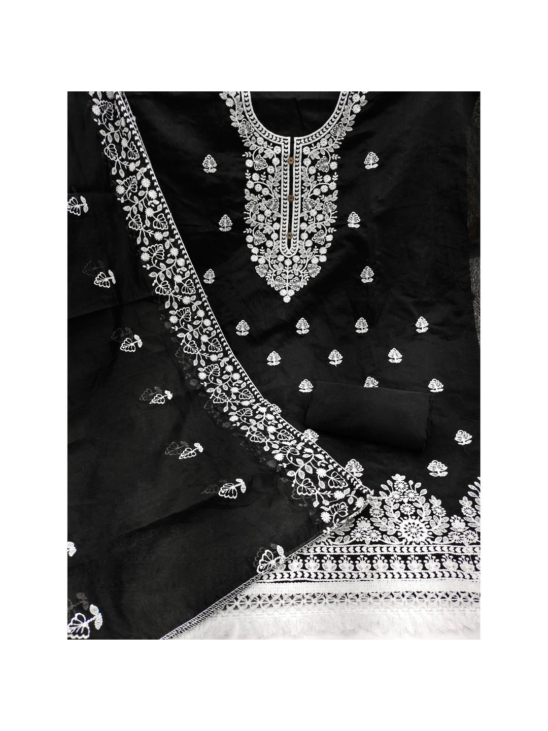 Peachmode Black Floral Embroidered Chanderi Cotton Dress Material - Image 5
