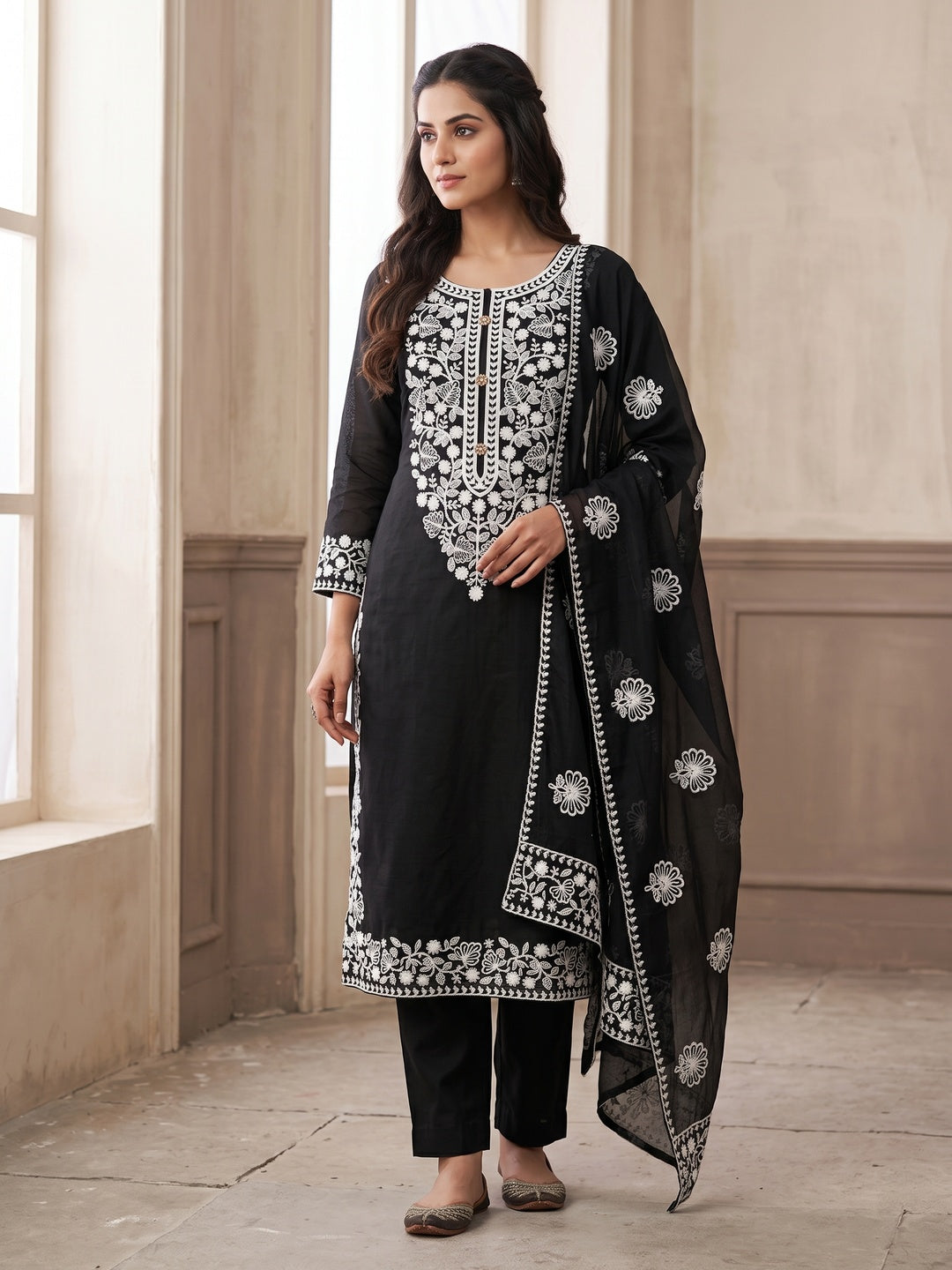 Peachmode Black Floral Embroidered Chanderi Cotton Dress Material - Image 2